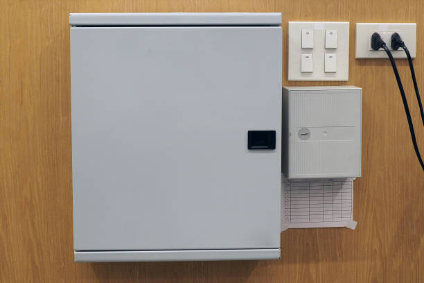 istock Electric control panel power supply boxes on wooden wall background. 1212127398