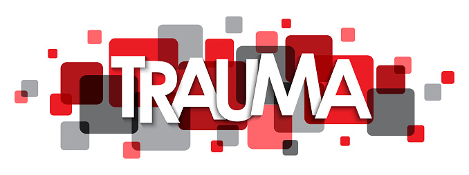 TRAUMA vector typography banner on red and gray squares