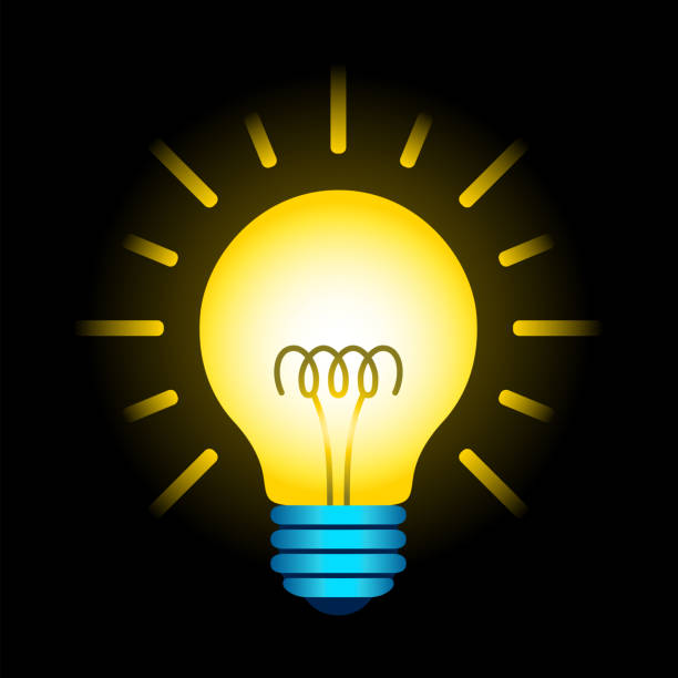 istock Yellow Glowing Light Bulb On Black Background. Lighting Electric Lamp With Spiral And Rays. Vector Graphic Design Element. 1212132168