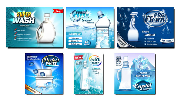 Detergent, Bleach Advertising Banners Set Vector Detergent, Bleach Advertising Banners Set Vector. Different Bottle And Atomizer Spray, Container And Box For Cleaning Substance, Iceberg And Soap Bubbles. Concept Template Realistic 3d Illustrations bleach stock illustrations
