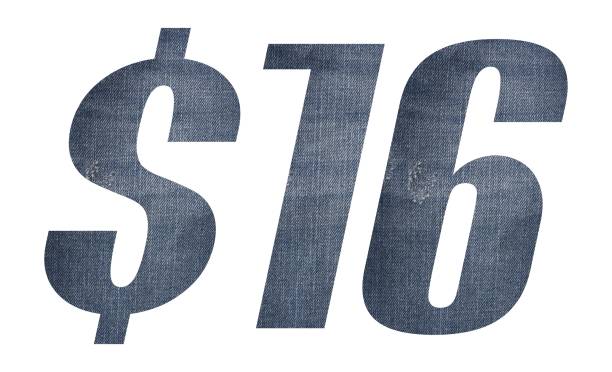 istock 16 Dollar with jeans fabric texture on white background. 1212134661