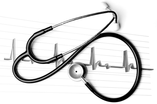 Stethoscope medical tool for listening to a heartbeat and lungs on a cardigram graph background on a white background