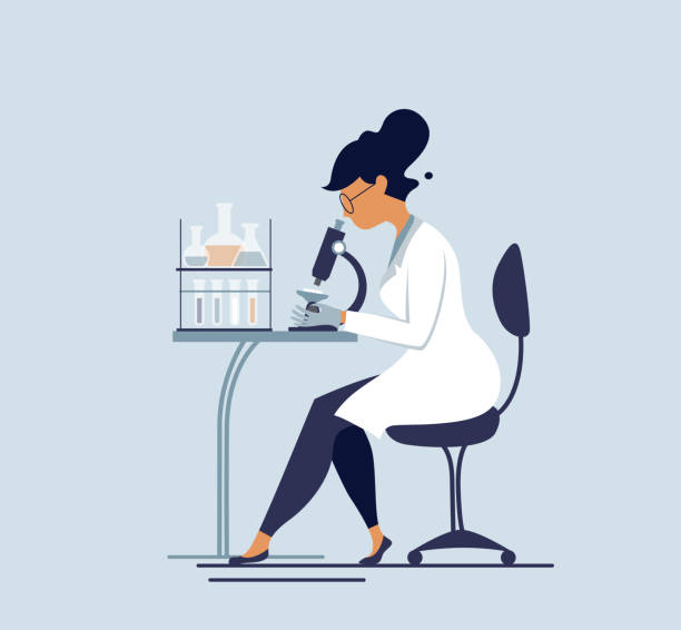ilustraciones, imágenes clip art, dibujos animados e iconos de stock de ilustración de pruebas médicas. - scientist chemist doctor lab coat