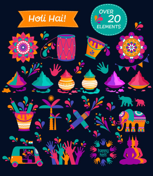 Set of Holi flat icons in indian style. Vector illustration on dark blue. Set of Holi flat icons in indian style. Vector illustration. holi stock illustrations