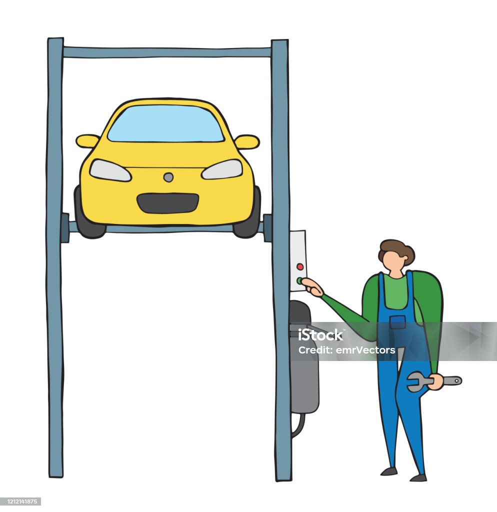 Sửa Chữa Xe Vector Thợ Sửa Chữa Nâng Xe Trên Thang Máy Tự Động Vẽ ...