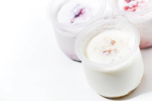 assortment of yogurts with fruit additives, top view horizontal