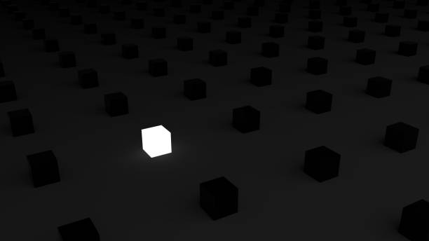 istock The Glowing white square box is surrounded by many black square box. Striking white square box. Glowing white square box Isolated on Simple black background,illustration,Minimalist Black, 3D rendering 1212143202