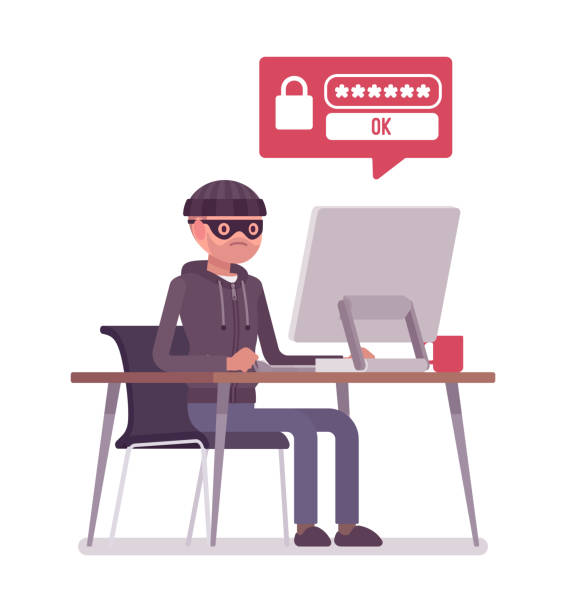 illustrations, cliparts, dessins animés et icônes de pirate avec ordinateur pour obtenir un accès non autorisé aux données - burglar thief internet security