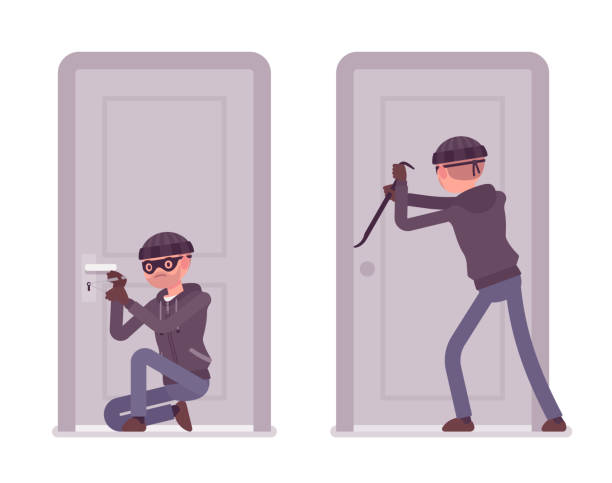 illustrazioni stock, clip art, cartoni animati e icone di tendenza di ladro che cerca di entrare nella porta - thief criminal carrying burglar
