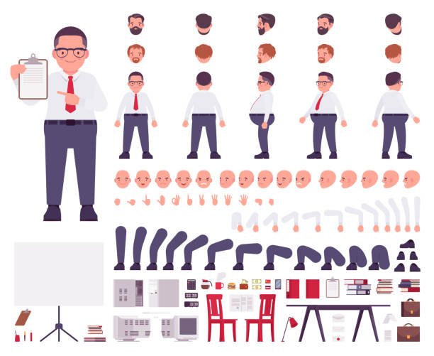Fat male clerk in formal wear construction set Fat male clerk in formal wear construction set. Heavy middle aged business guy, manager, civil service worker, office equipment, typical plus size employee. Cartoon flat style infographic illustration file clerk stock illustrations