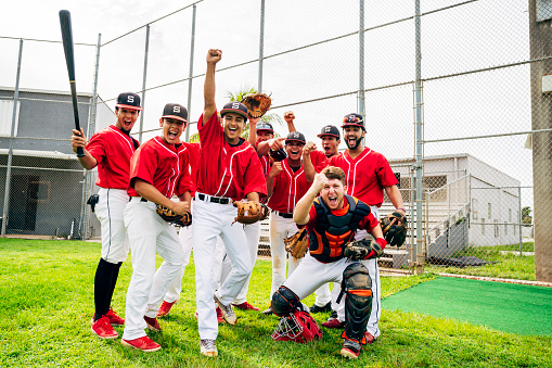 Outdoor group portrait of triumphant baseball teammates showing their mighty bat and punching the air in success.