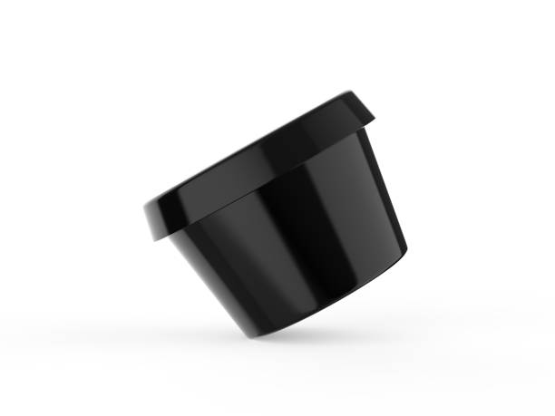 Round black plastic container for butter, cosmetics cream or margarine spread, mockup template on isolated white background, 3d illustration.