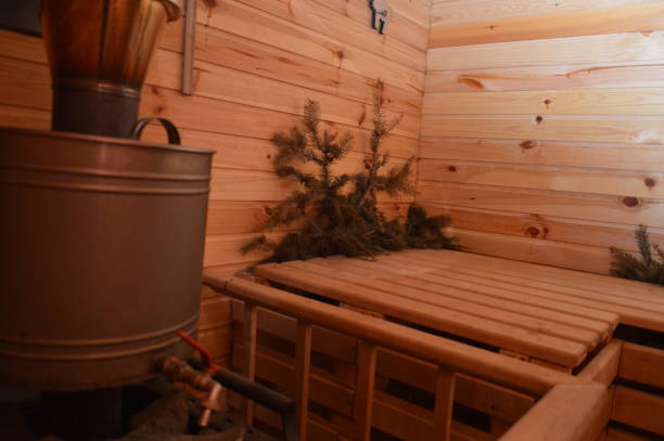 istock Sauna and wood bath for taking procedures in  house 1212150063
