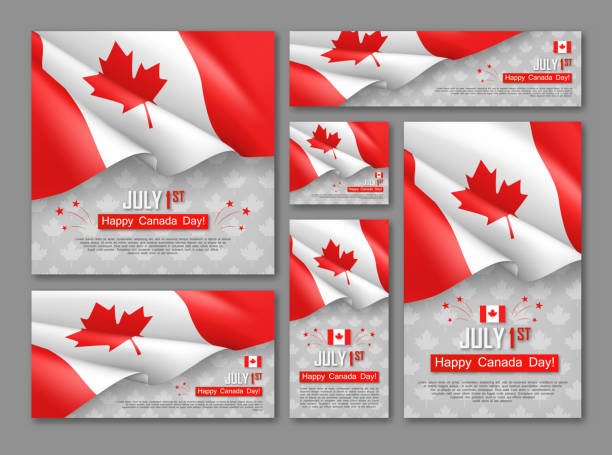 ilustraciones, imágenes clip art, dibujos animados e iconos de stock de feliz día de canadá 1de julio carteles establecidos - flag canadian flag patriotism national flag