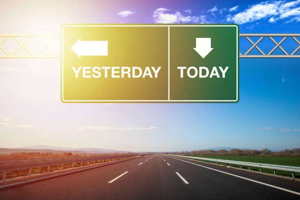 istock Yesterday or Today road sign on the highway. Sunny cloudy blue sky. 1212152959