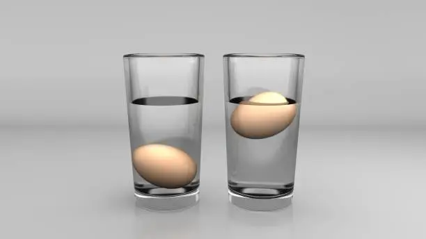 How to tell if eggs are still fresh. Water test. 3D-rendering.