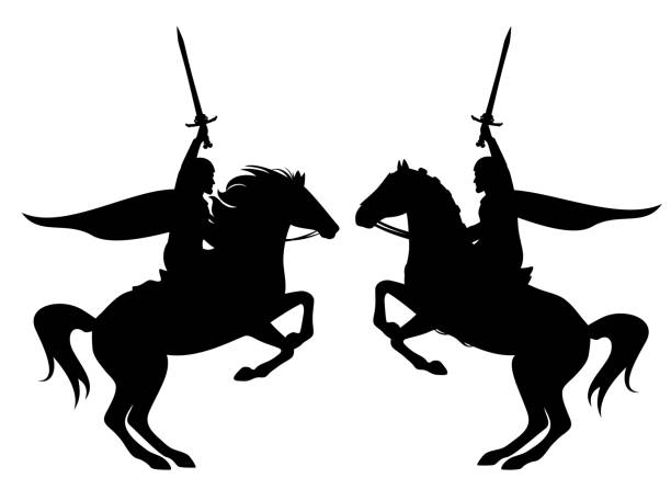 ilustrações, clipart, desenhos animados e ícones de cavaleiro com espada montando criando cavalo silhueta vetor preto - armed forces war military macho