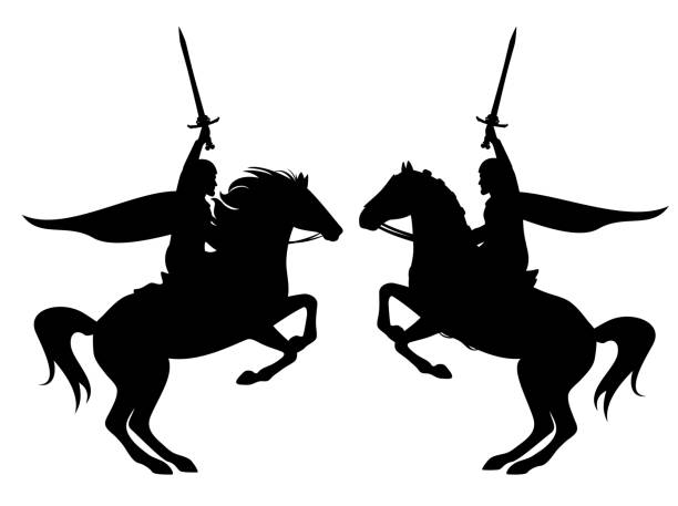 knight with sword riding rearing up horse black vector silhouette medieval hero knight holding sword riding rearing up horse black vector silhouette outline superheld stock illustrations