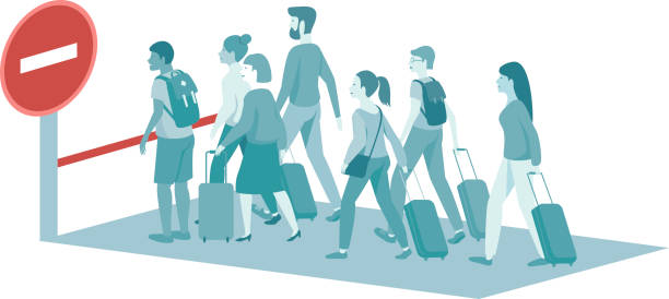 Restrictions on entry and exit.  Covid-19  pandemic concept Restrictions on entry and exit. Crowd of depressed passengers standing against STOP sign. covid-19  pandemic concept. flat vector illustration crowd of people borders stock illustrations