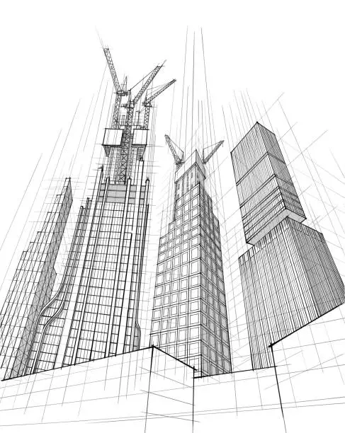 Vector illustration of Hands drawing black and white architecture