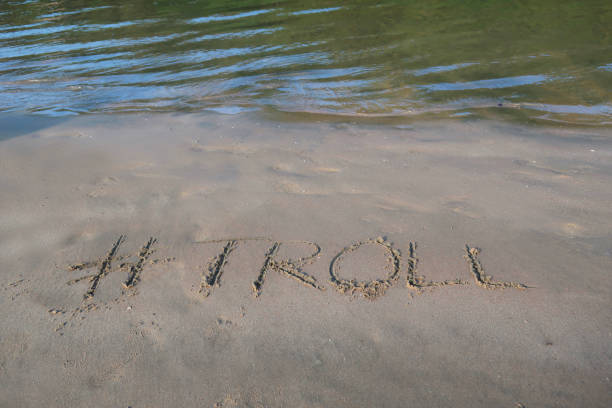 Image of hashtag tag writing on sunny beach in the soft sand, light by the early morning sunshine. Written using a stick by hand, with Troll words as capital letters by the gentle lapping waves of the sea on the seashore. Picture taken at Palolem Beach, Goa, India, during the early morning golden hour without tourists on holiday vacation / beachgoers. Concept photo of Troll handwriting in golden sand with modern hashtag prefix imagen de hashtag tag etiqueta escritura en la playa soleada con troll palabra escrita en arena por mar, palolem beach, goa, india, concepto de la foto de las redes sociales de escritura a mano en arena dorada con el hashtag moderno prefiix