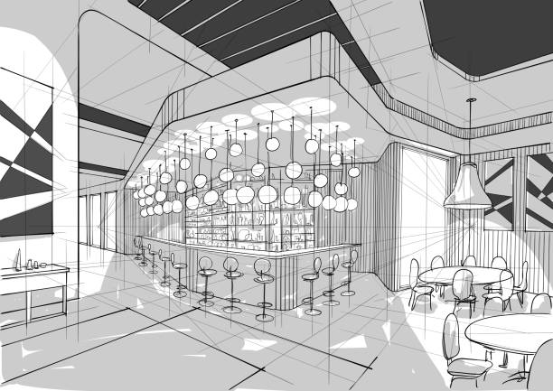 Illustration of interior design Vector illustration of architectural interior design. In the style of drawing. (Ai10 eps with transparency effect) pics of restaurant ceiling design stock illustrations