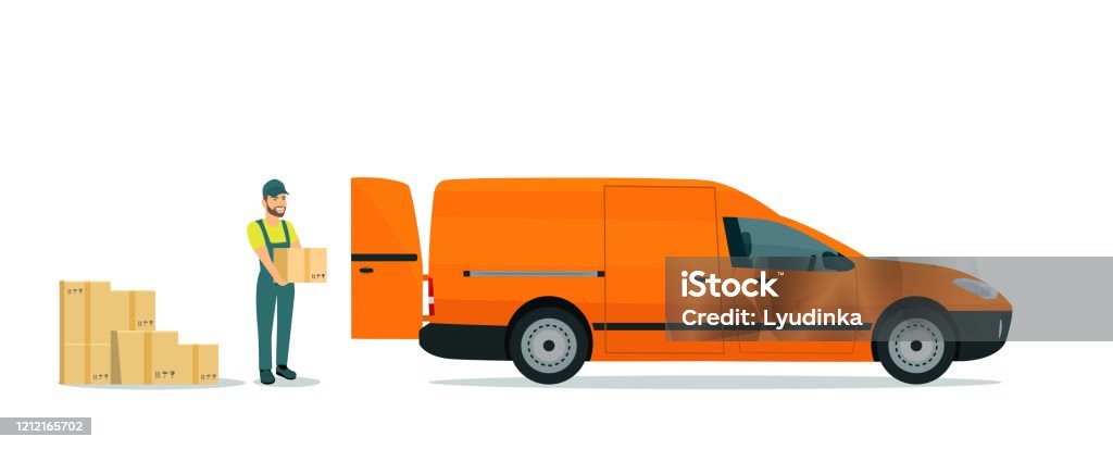 Van Loading Vector Worker Loads Boxes In A Cargo Van Vector Flat Style Illustration Stock ...