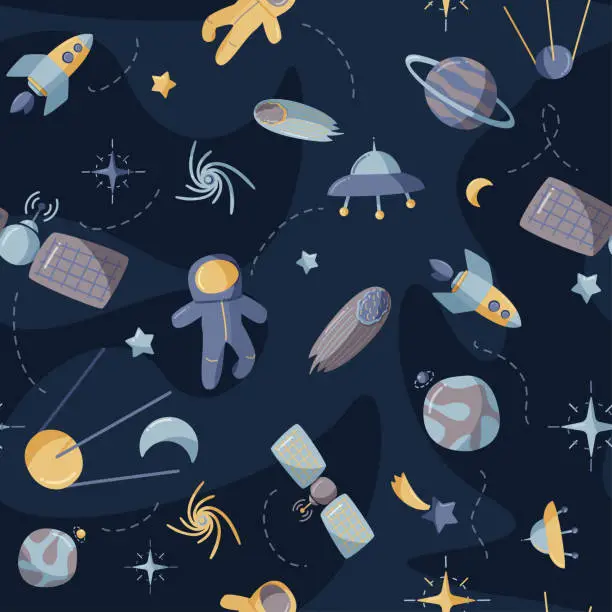 Vector illustration of Cute space seamless pattern. Colorful kids background.