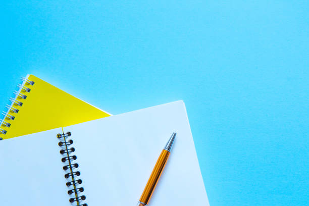 istock Set of stationery on blue background. Flat lay 1212166344