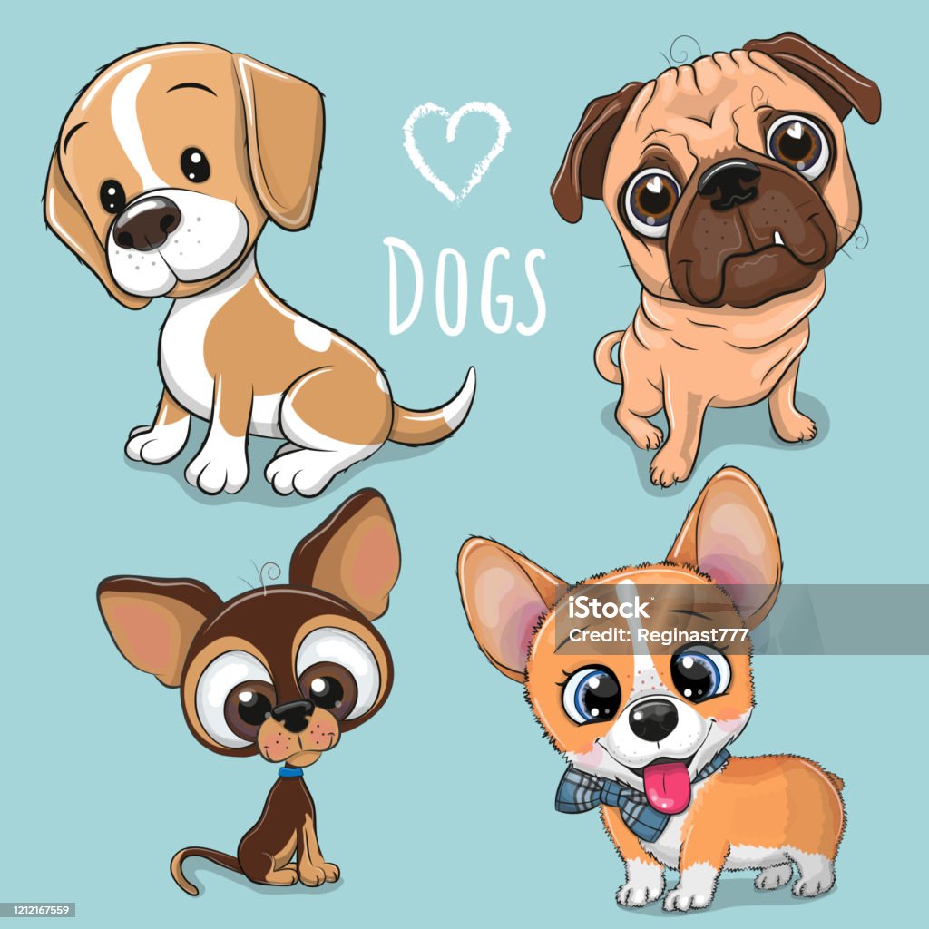 Ilustración de Perros De Dibujos Animados Lindos Sobre Un Fondo Azul y más  Vectores Libres de Derechos de Cachorro - Perro - iStock