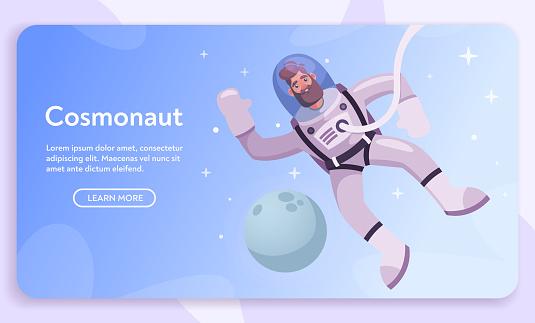 Astronaut character exploring outer space. Futuristic cosmonaut in spacesuit walking and flying. Cartoon vector illustration. Stars and planets in background