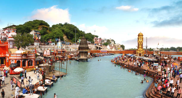 Panoramic view of Har Ki Pauri, famous ghat on the banks of the Ganges in Haridwar, India stock photo Har Ki Pauri is a famous ghat on the banks of the Ganges in Haridwar, India stock photo ghat photos stock pictures, royalty-free photos & images