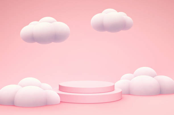 istock Abstract pastel pink background with product display stand and clouds 1212170380