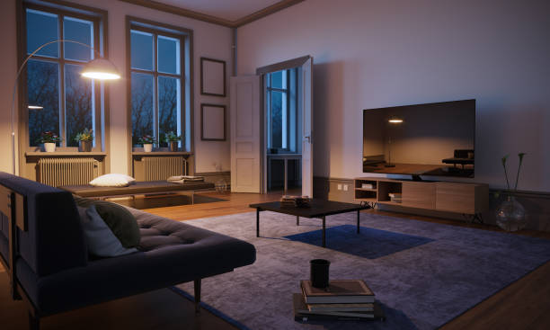Scandinavian Style Living Room Interior Scandinavian style and minimalist designed living room interior scene in the evening. ( 3d render ) domestic room stock pictures, royalty-free photos & images