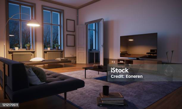 Scandinavian Style Living Room Interior Stock Photo - Download Image Now - Living Room, Night, Television Set