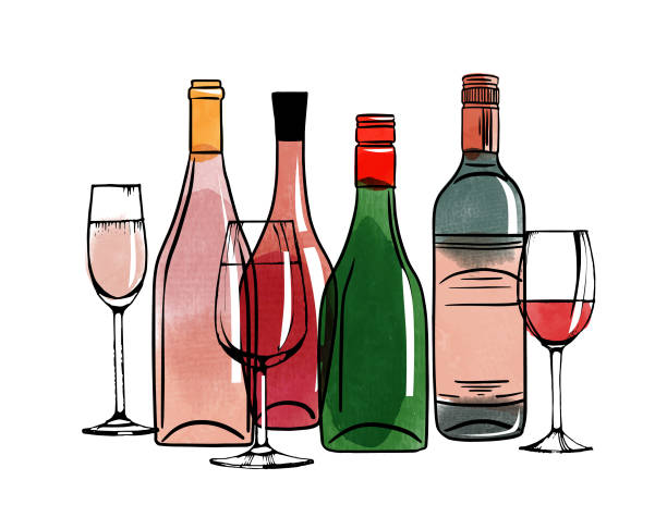 ilustrações de stock, clip art, desenhos animados e ícones de vector watercolor illustration of alcohol bottles and wine glasses - garrafa vinho