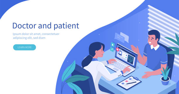 doctor and patient Man Talking with Woman Doctor in Office. Patient having Consultation about Disease Symptoms with Doctor Therapist in Hospital. Medical People Characters.  Flat Isometric Vector  Illustration. patient illustrations stock illustrations