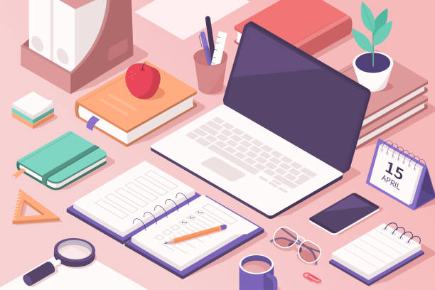 education desk Students Work Desk with Educational Supplies. Laptop, Smartphone, Books, Exercise Books and other Stuff for Learning. Office Workplace. Online Education Concept. Flat Isometric Vector  Illustration. education training class illustrations stock illustrations