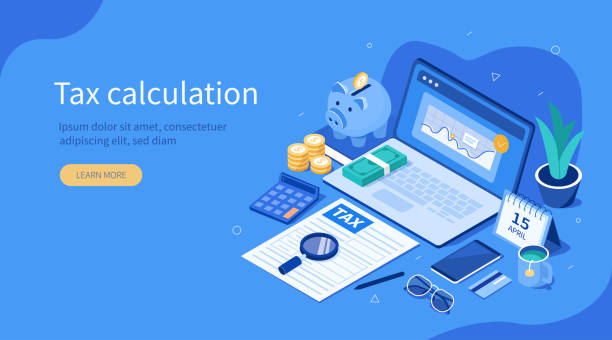 tax calculation Office Desk with  Documents for Tax Calculation. Finance Report with Graph Charts. Calendar show Tax Payment Date. Accounting and Financial Management Concept. Flat Isometric Vector Illustration. tax stock illustrations
