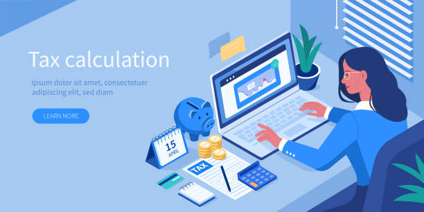 financial consultant Financial Consultant sitting at Office Desk with  Documents for Tax Calculation. Woman Preparing Financial Tax Report. Accountant  at Work. Accounting Concept. Flat Isometric Vector Illustration. accounting firm stock illustrations