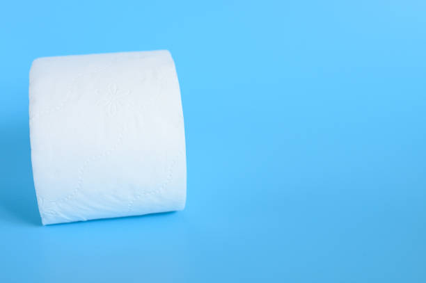 istock rolled white toilet paper in a blue background. space for text 1212171857