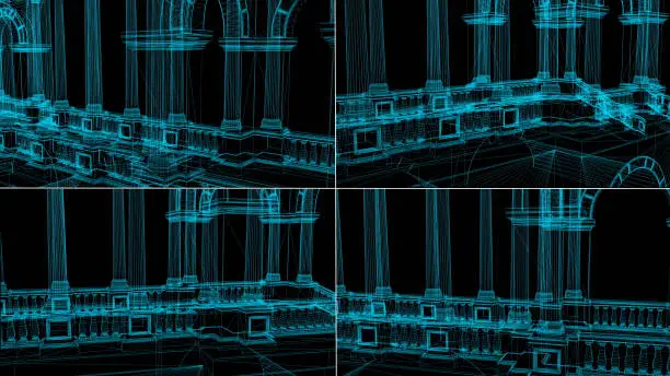 Photo of blue Wire frame Model Of Pompous Palace With Columns on black background