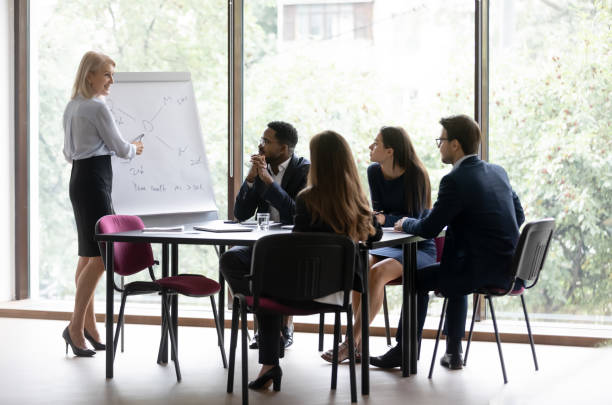 istock Middle-aged businesswoman present project on whiteboard for colleagues 1212172519