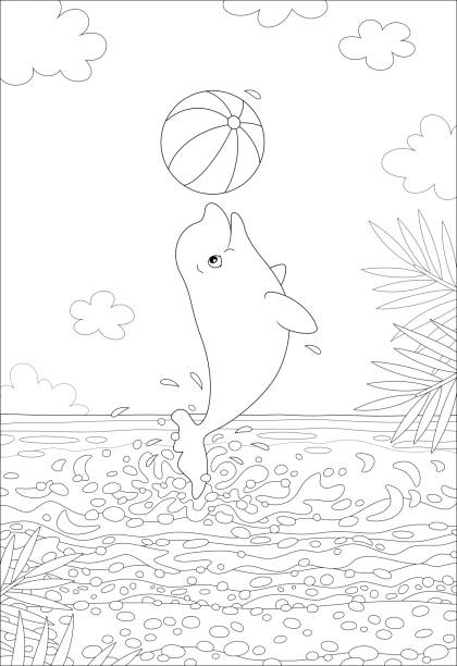 Playful small dolphin playing a ball Cheerful little beluga jumping out of water with a big striped ball on a tropical beach on a sunny summer day, black and white vector cartoon illustration beluga whale jumping stock illustrations