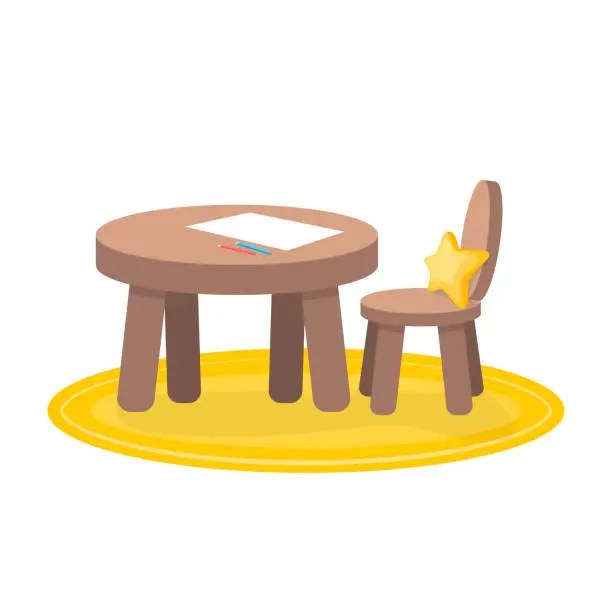 Vector illustration of Kids zone, little table and chair for painting, children's creativity. Isolated illustration on a white background