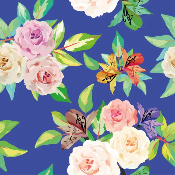 Vector illustration of Roses flowers seamless blue background