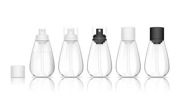 istock Transparent spray bottles isolated on white background. Cosmetic container for liquid, gel, lotion, cream. Beauty product package, vector illustration. 1212176328