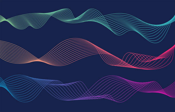 kolorowe linie fal izolowane niebieskie tło. zakrzywiona falista linia. ilustracja wektorowa - digital composite swirl style vector stock illustrations