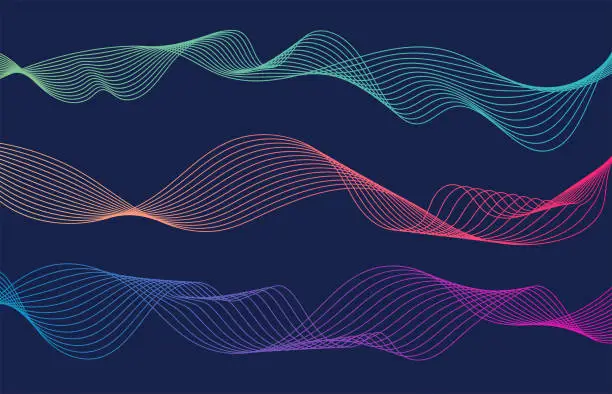 Vector illustration of Colorful wave lines isolated blue background. Curved wavy line. Vector illustration
