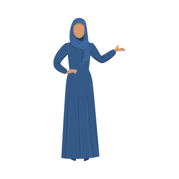 ilustraciones, imágenes clip art, dibujos animados e iconos de stock de chica musulmana en un hiyab azul étnico tradicional. ilustración vectorial en estilo de dibujos animados planos. - milfeh